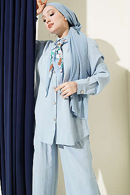 Taş Düğmeli Fularlı Modal İkili Takım Bebe Mavi - İkili Takım