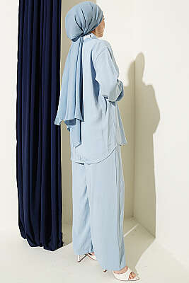 Taş Düğmeli Fularlı Modal İkili Takım Bebe Mavi - İkili Takım