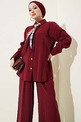 Taş Düğmeli Fularlı Modal İkili Takım Bordo - HATUN