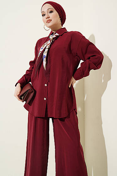 Taş Düğmeli Fularlı Modal İkili Takım Bordo - İkili Takım