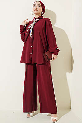 Taş Düğmeli Fularlı Modal İkili Takım Bordo - İkili Takım