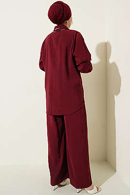 Taş Düğmeli Fularlı Modal İkili Takım Bordo - İkili Takım