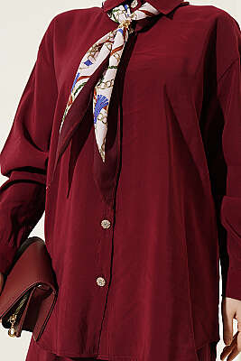 Taş Düğmeli Fularlı Modal İkili Takım Bordo - İkili Takım