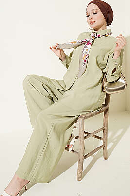 Taş Düğmeli Fularlı Modal İkili Takım Çağla Yeşili - HATUN