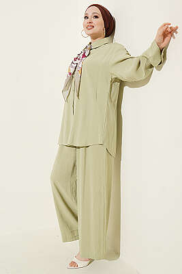 Taş Düğmeli Fularlı Modal İkili Takım Çağla Yeşili - İkili Takım