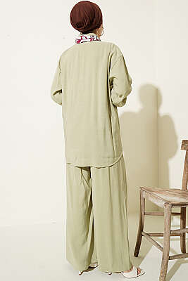 Taş Düğmeli Fularlı Modal İkili Takım Çağla Yeşili - İkili Takım