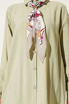 Taş Düğmeli Fularlı Modal İkili Takım Çağla Yeşili - İkili Takım