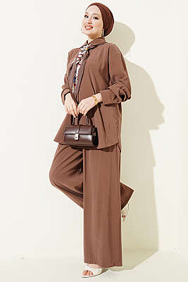 Taş Düğmeli Fularlı Modal İkili Takım Kahve - HATUN