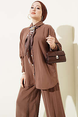 Taş Düğmeli Fularlı Modal İkili Takım Kahve - İkili Takım