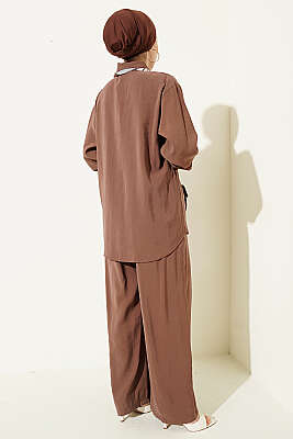 Taş Düğmeli Fularlı Modal İkili Takım Kahve - İkili Takım