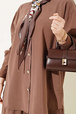 Taş Düğmeli Fularlı Modal İkili Takım Kahve - İkili Takım