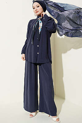 Taş Düğmeli Fularlı Modal İkili Takım Lacivert - HATUN