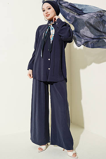 Taş Düğmeli Fularlı Modal İkili Takım Lacivert - İkili Takım