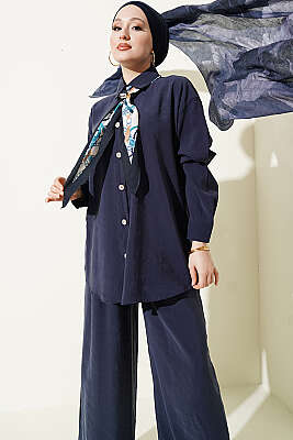 Taş Düğmeli Fularlı Modal İkili Takım Lacivert - İkili Takım