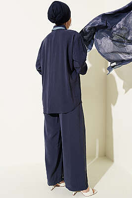 Taş Düğmeli Fularlı Modal İkili Takım Lacivert - İkili Takım