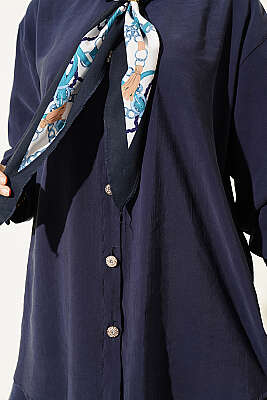 Taş Düğmeli Fularlı Modal İkili Takım Lacivert - İkili Takım