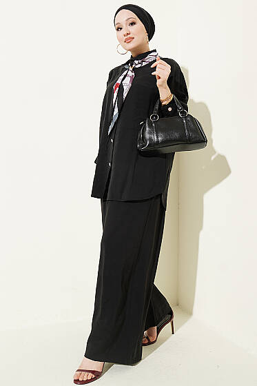 Taş Düğmeli Fularlı Modal İkili Takım Siyah - İkili Takım