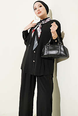 Taş Düğmeli Fularlı Modal İkili Takım Siyah - İkili Takım