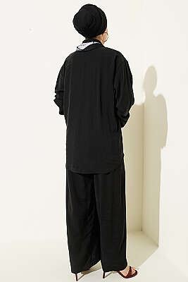 Taş Düğmeli Fularlı Modal İkili Takım Siyah - İkili Takım