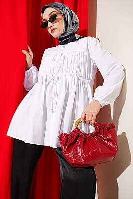 Taş Düğmeli İp Bağlamalı Gömlek Beyaz - TABLO FASHİON