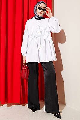 Taş Düğmeli İp Bağlamalı Gömlek Beyaz - Gömlek