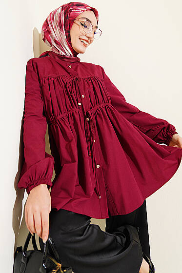 Taş Düğmeli İp Bağlamalı Gömlek Bordo - Gömlek