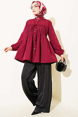 Taş Düğmeli İp Bağlamalı Gömlek Bordo - Gömlek