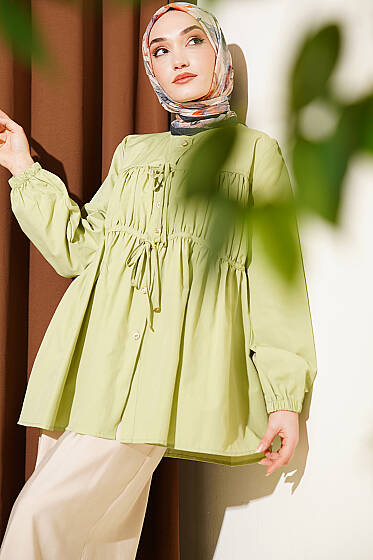 Taş Düğmeli İp Bağlamalı Gömlek Çağla Yeşili - Gömlek