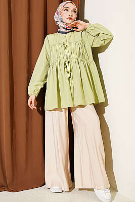 Taş Düğmeli İp Bağlamalı Gömlek Çağla Yeşili - Gömlek