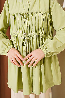 Taş Düğmeli İp Bağlamalı Gömlek Çağla Yeşili - Gömlek