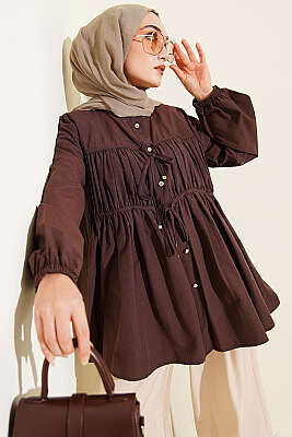 Taş Düğmeli İp Bağlamalı Gömlek Kahve - TABLO FASHİON