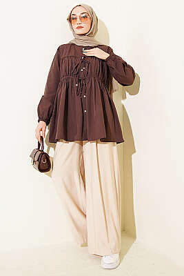 Taş Düğmeli İp Bağlamalı Gömlek Kahve - Gömlek