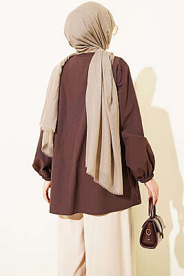 Taş Düğmeli İp Bağlamalı Gömlek Kahve - Gömlek