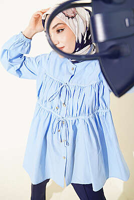 Taş Düğmeli İp Bağlamalı Gömlek Mavi - TABLO FASHİON