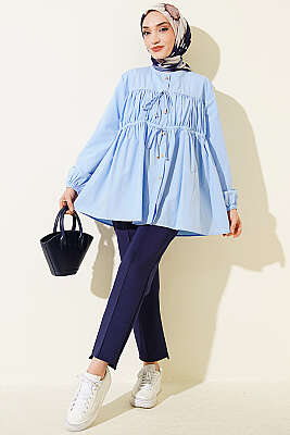 Taş Düğmeli İp Bağlamalı Gömlek Mavi - Gömlek