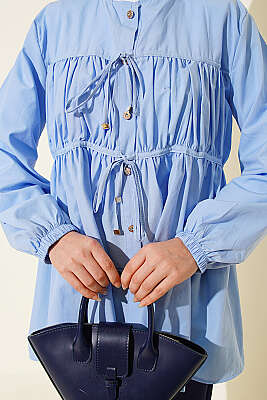 Taş Düğmeli İp Bağlamalı Gömlek Mavi - Gömlek