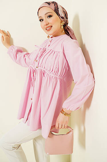 Taş Düğmeli İp Bağlamalı Gömlek Pembe - Gömlek