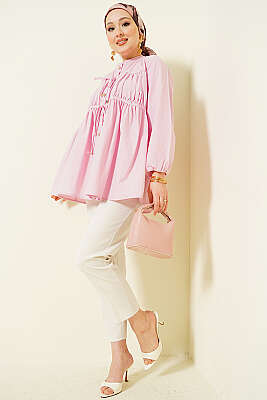 Taş Düğmeli İp Bağlamalı Gömlek Pembe - Gömlek