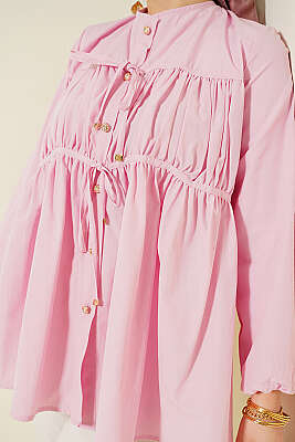 Taş Düğmeli İp Bağlamalı Gömlek Pembe - Gömlek