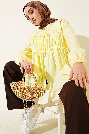 Taş Düğmeli İp Bağlamalı Gömlek Sarı - Gömlek