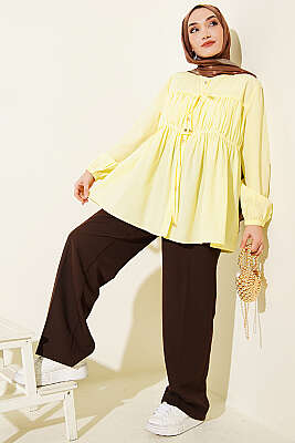 Taş Düğmeli İp Bağlamalı Gömlek Sarı - Gömlek