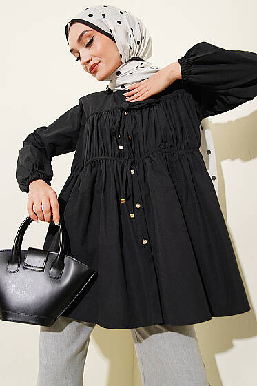 Taş Düğmeli İp Bağlamalı Gömlek Siyah - Gömlek