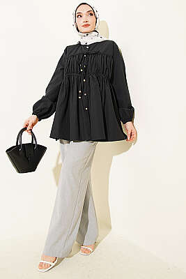 Taş Düğmeli İp Bağlamalı Gömlek Siyah - Gömlek