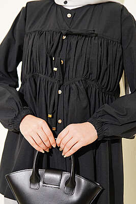 Taş Düğmeli İp Bağlamalı Gömlek Siyah - Gömlek