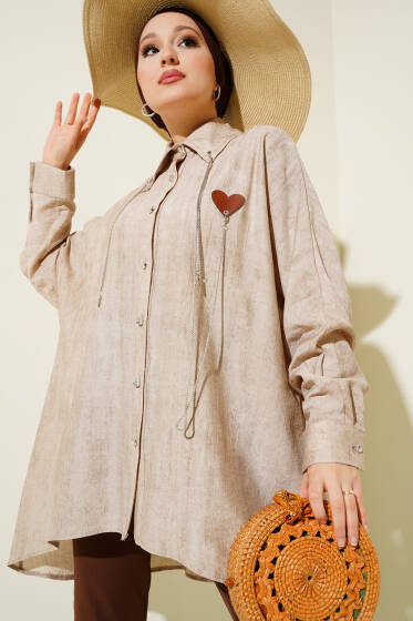 Taş Düğmeli Kalpli Salaş Gömlek Bej - Gömlek