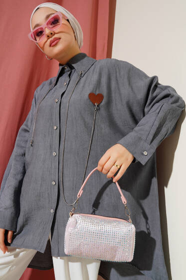 Taş Düğmeli Kalpli Salaş Gömlek Füme - Gömlek