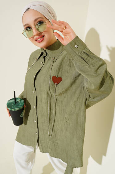 Taş Düğmeli Kalpli Salaş Gömlek Haki - Gömlek