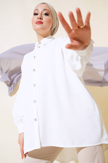 Taş Düğmeli Krep Gömlek Beyaz - Gömlek