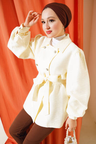 Taş Düğmeli Kuşaklı Ceket Krem - Ceket