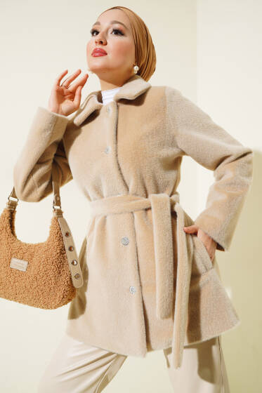 Taş Düğmeli Kuşaklı Goldfox Kaban Bej - Kaban